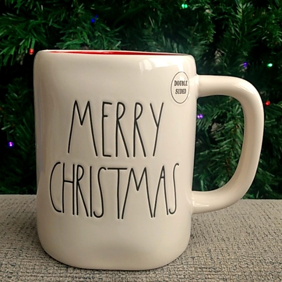 Merry Christmas Wreath Holiday Mug Double-sided Red Inside - Picture 2 of 4